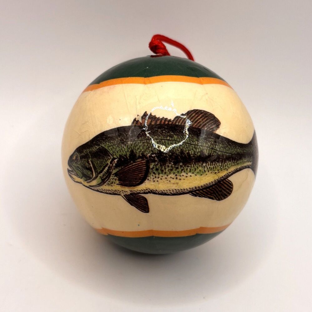 Vintage 1990s Paper Mache Decoupage Fish Christmas Ball Ornament 3.5" Fisherman